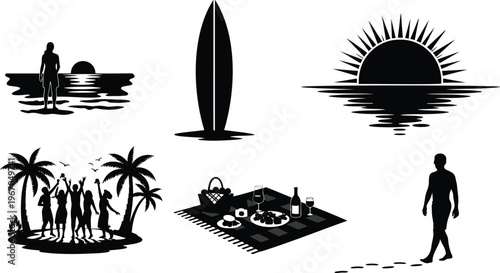 Summer beach vector illustration featuring surfboard picnic and walking people at sunset coast scenery.