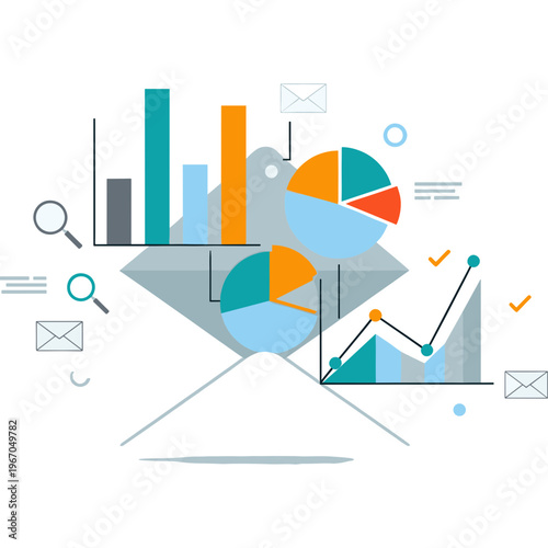 A vibrant infographic displays various charts and graphs on a screen surrounded by icons