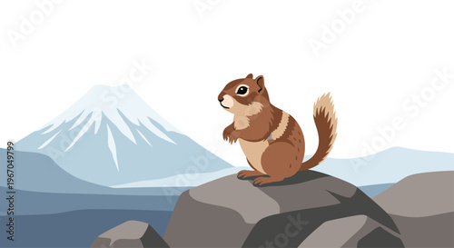 A chipmunk stands on a grey rock with a snow-capped mountain and blue hills in the background under a white sky.
