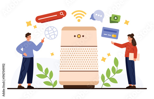 Modern smart speaker with voice assistant technology surrounded by users and digital icons representing internet, communication, and media on white background vector illustration