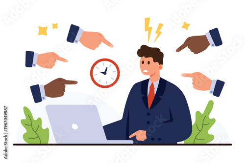 Businessman overwhelmed by deadlines and criticism in workplace stress concept with pointing hands, clock, and anxious expression isolated on white background vector illustration
