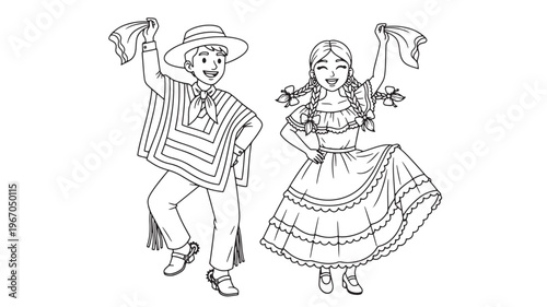 Couple in traditional folk costumes dancing with handkerchiefs, line art illustration featuring man, woman, poncho with hat and skirt elements for