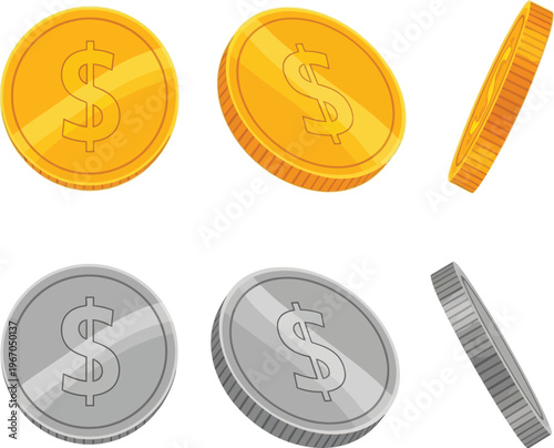 Gold and silver dollar currency coins are displayed showing faces and side edges at various.