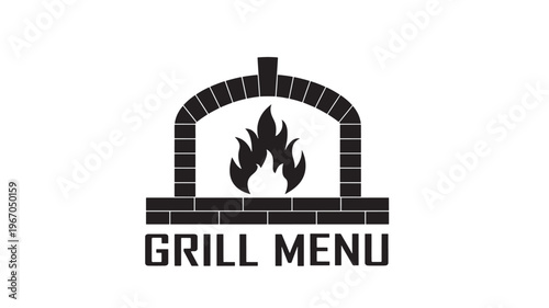 Brick grill icon with flames and text 'GRILL MENU' for restaurant logos and culinary themes featuring fire, oven, logo with food and cooking elements