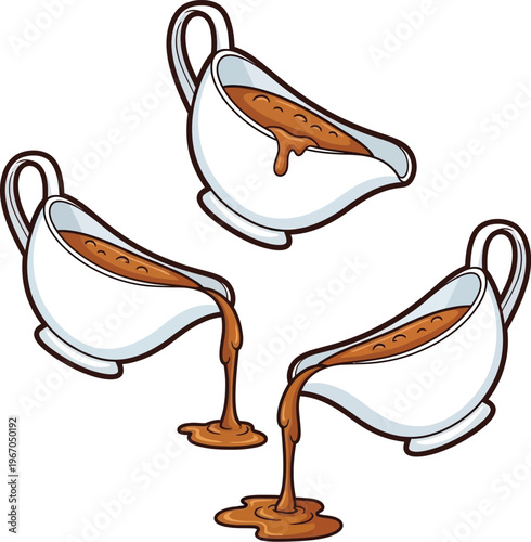 Three ceramic gravy boats illustrate the pouring action of thick brown savory sauce onto a.