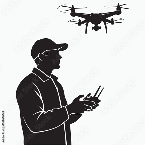 Silhouette of a man operating a drone with a remote on transparent background