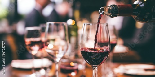 A close-up of red wine being poured into a glass at a warmly lit social gathering with other wine glasses and blurred people in the background.
