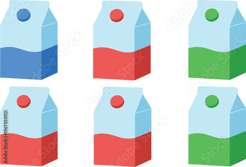 Six simple milk or juice carton icons show variations in colored liquid levels and top caps.
