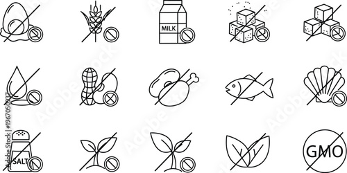 Set of line art icons depicts various common food item exclusions for allergen or dietary.