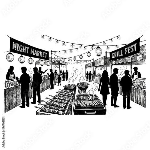 Artistic vector illustration depicting a lively night market and grill fest, showcasing vendors, people, appetizing street food, and festive lighting.
