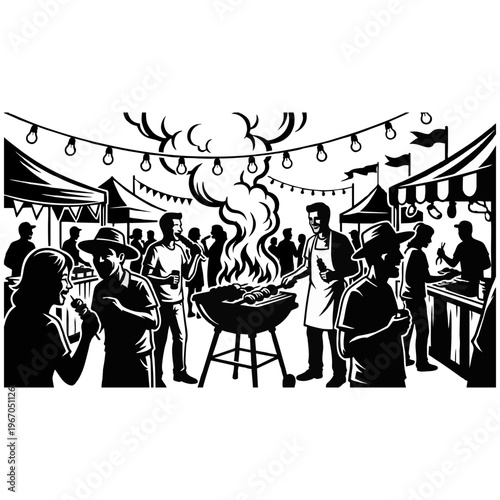 Detailed monochrome vector illustration of an energetic outdoor barbecue celebration, with people grilling, eating, drinking, and mingling under festive lights.