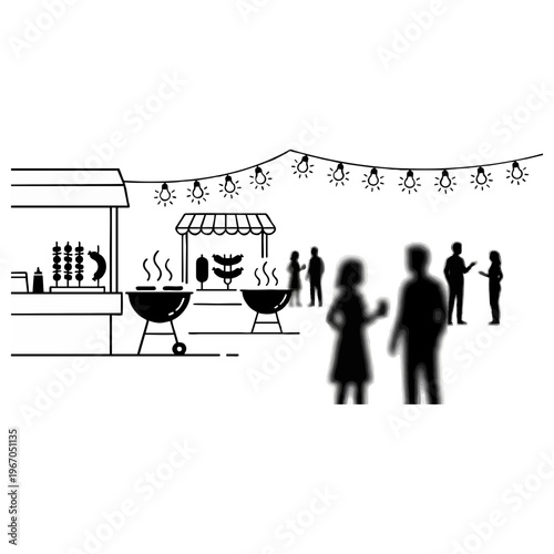Vector graphic illustration of an outdoor food market, featuring vendor stalls, grilling barbecues, and cheerful people mingling under festive string lights.