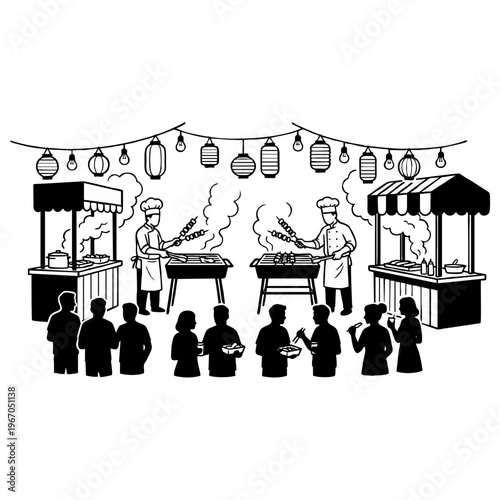 Engaging vector graphic illustration of a vibrant outdoor food event featuring professional chefs grilling delicious skewers for enthusiastic patrons.