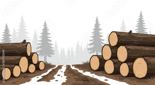 Two large stacks of brown logs sit on either side of a muddy dirt road leading into a misty evergreen forest.