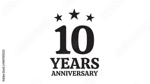 Number 10 anniversary emblem with three stars above and text that reads 'YEARS ANNIVERSARY' below featuring celebration, milestone, event with icon