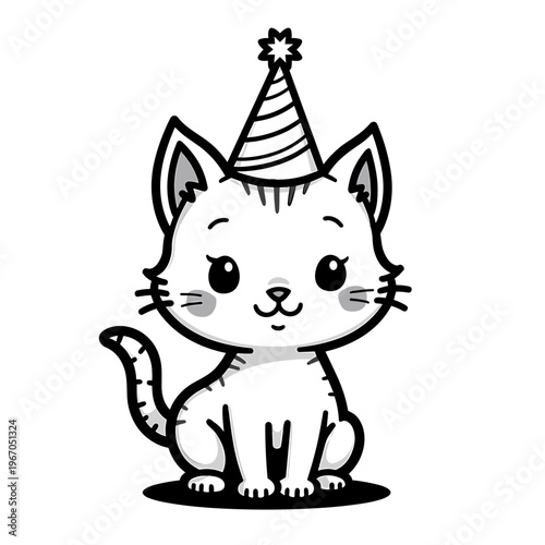 Cute kitten wearing party hat and smiling in a playful pose  