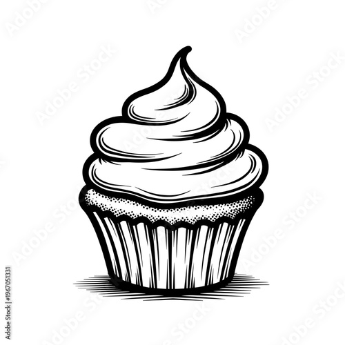 Cupcake with swirled frosting in black and white illustration  
