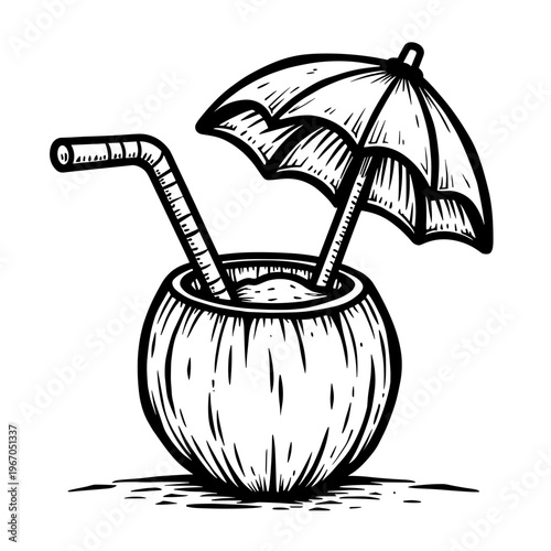 Coconut drink with straw and umbrella in hand-drawn style  