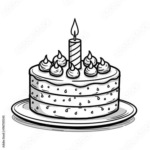 Layered birthday cake with candle and whipped cream topping  