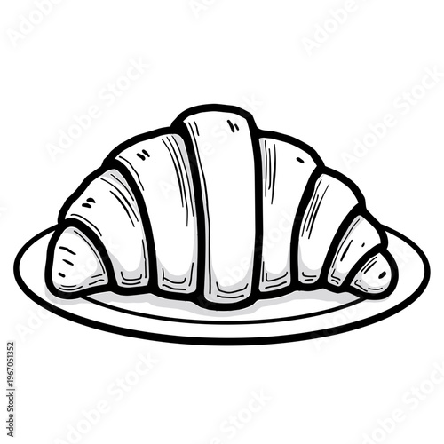 Croissant on a plate in black and white line art style  