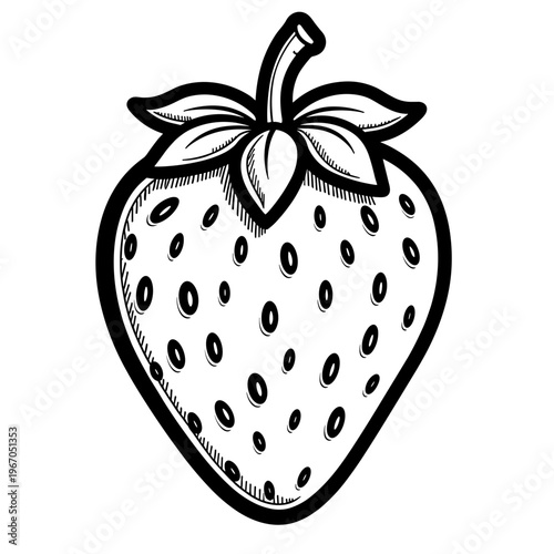 Strawberry illustration in black and white with detailed shading  