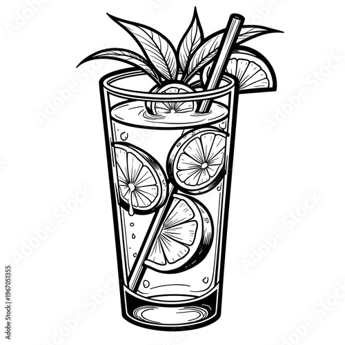 Refreshing lemonade drink with lemon slices and mint in glass  