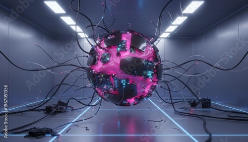 Futuristic Orb with Glowing Pink Energy and Exposed Circuits Connected by Wires in a Dark Industrial Room Sci-Fi Concept Art