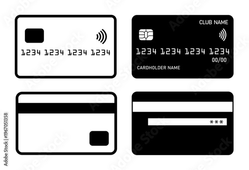 Credit and debit card icon set. Payment method symbols with contactless and chip design. Banking and fintech icons. Checkout and transaction UI for ecommerce and payment systems