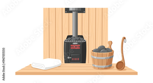 A black sauna heater is centered against a wooden wall, with a white towel, a wooden bucket of stones, and a ladle on a shelf below.