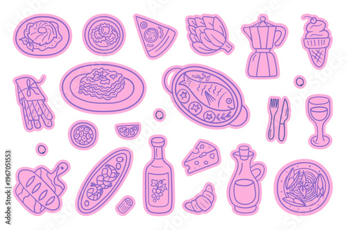 Set of pink Italian cuisine stickers featuring hand drawn dishes, pasta, pizza, artichoke, seafood, wine, and dessert in a playful outline style