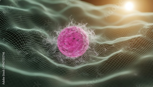 Microscopic Pink Cell Encased in Nanofiber Mesh with Soft Golden BacklightScientific Research and Medical Technology Concept