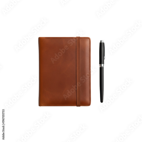 Top-down flat lay of a cognac leather journal and a matte black fountain pen on a white surface with soft studio lighting. minimalist creative atmosphere
