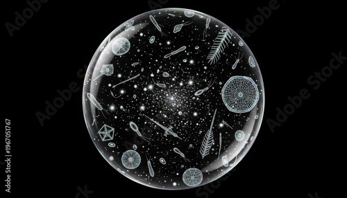 Microscopic Plankton Ecosystem Encased in Water Droplet Scientific Illustration Dark Background Macro Detail