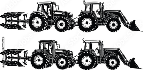 Agricultural tractor with plow and front loader silhouette set isolated black farming machinery collection showing heavy equipment for field work and cultivation tasks