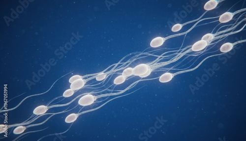 Sperm Cells Swimming Through Fluid Microscopic View Medical Research Biotechnology Deep Blue Background Macro Detail