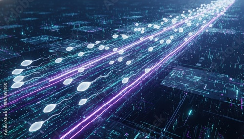 Sperm Cells Traveling Through Digital Network Futuristic Data Stream Biological Reproduction Concept Neon Glow Abstract Technology