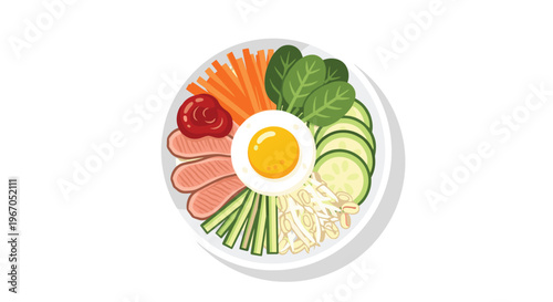 A round white bowl contains julienned carrots, spinach, zucchini, bean sprouts, cucumber, sliced meat, red sauce, and a central fried egg.