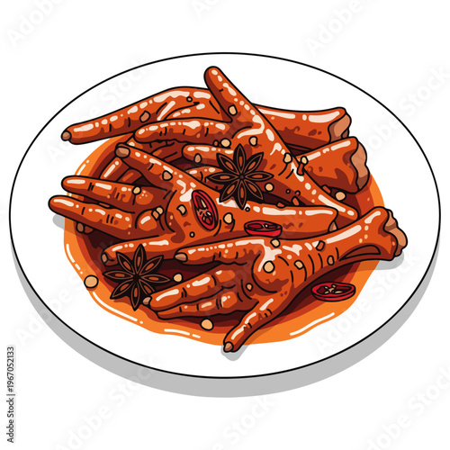 spicy braised chicken feet on plate vector illustration