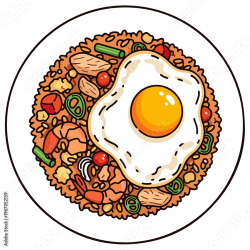 Cartoon Nasi Goreng Fried Rice With Sunny Side Up Egg Vector Illustration
