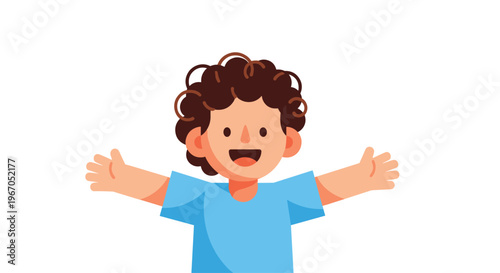 A cartoon boy with curly brown hair and a blue shirt smiles with arms outstretched against a clean white background.