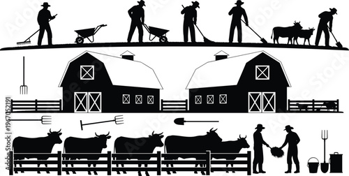 Black silhouette farm scene with farmers working, barns, cattle, tools, and rural activities, depicting traditional agriculture, livestock care, and countryside life in vector illustration style
