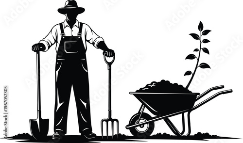 Black silhouette farmer standing with shovel and pitchfork beside wheelbarrow full of soil and young plant, symbolizing agriculture, gardening, growth, and sustainable farming concept