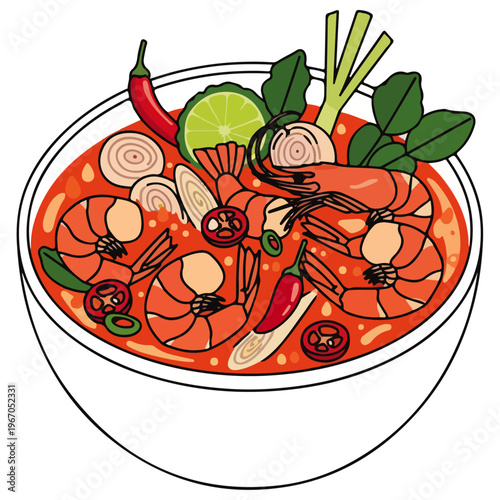 Tom Yum Goong Thai Spicy Shrimp Soup Flat Vector Illustration