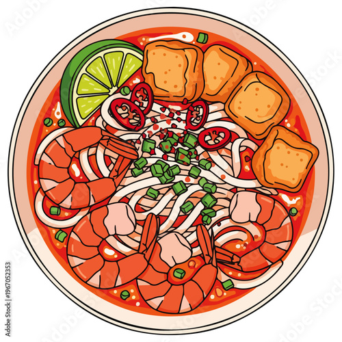 hand drawn spicy tom yum shrimp noodle bowl vector illustration