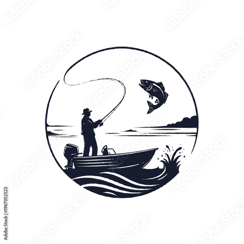 Fisherman in Boat Catches Jumping Fish.