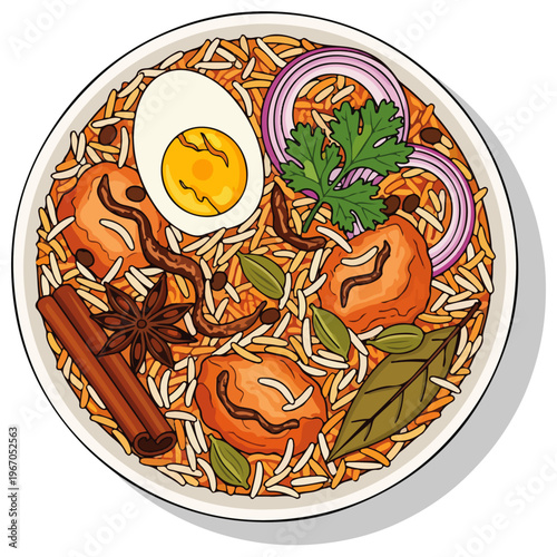 Indian Biryani Bowl Flat Vector Illustration Spiced Rice Meal