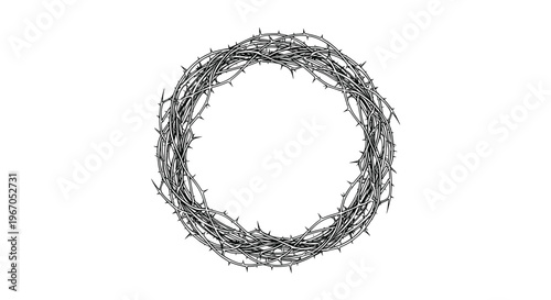 A circular crown of thorns, intricately woven from dark, spiky branches, is depicted in a monochrome, hand-drawn style on a white background.