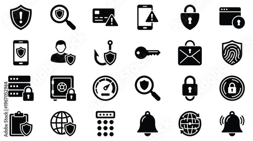 Black security icons set with various symbols for protection and safety