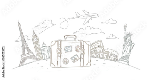 Iconic Landmarks and Suitcase for Travel Adventure Illustration