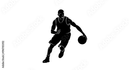 Silhouette of a basketball player dribbling a ball.